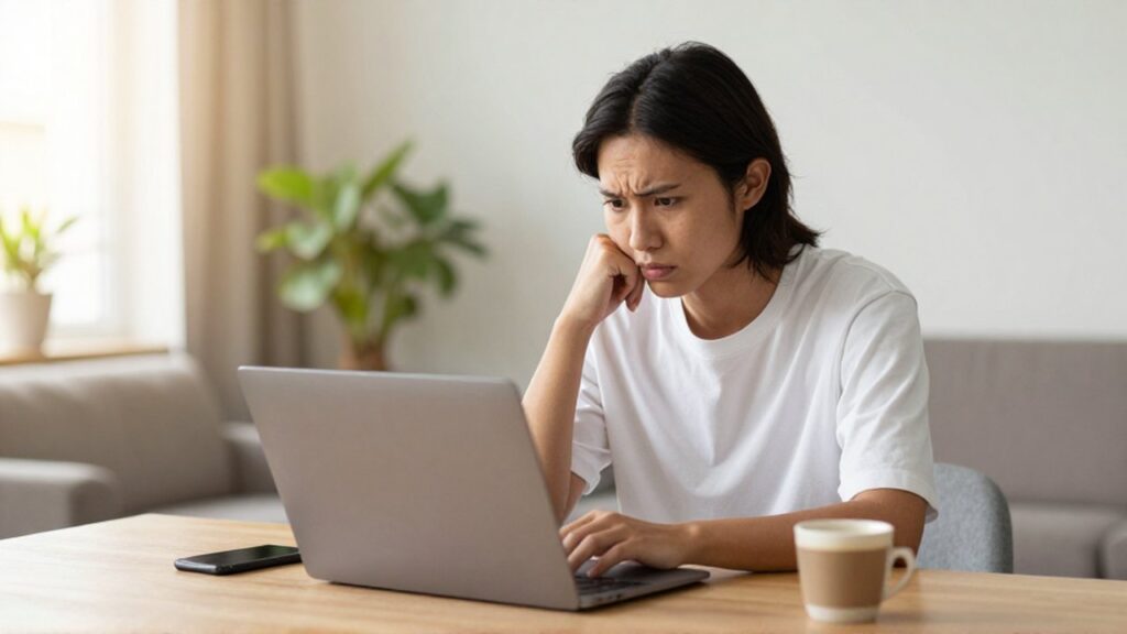 A concerned young professional sits at a tidy desk